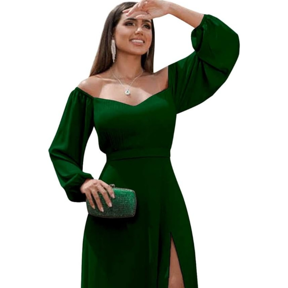 Women's Long Sleeve Bridesmaid Dress Slit ALine Off Shoulder Chiffon Emerald